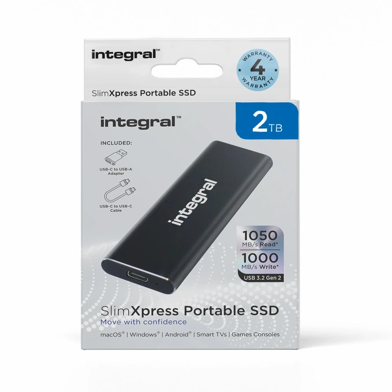 Integral SlimXpress 2TB USB & USB-C 3.2 Gen 2 Portable External SSD - Super Fast 1050MB/s Read / 1000MB/s Write speeds, Sleek Aluminium Casing and Plug & Play. Mac, PC, XBOX & Playstation Compatible