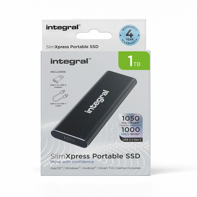 Integral SlimXpress 1TB USB & USB-C 3.2 Gen 2 Portable External SSD - Super Fast 1050MB/s Read / 1000MB/s Write speeds, Sleek Aluminium Casing and Plug & Play. Mac, PC, XBOX & Playstation Compatible
