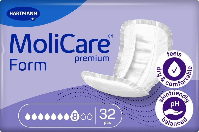 MoliCare Premium Form | 8 Drops | Large Incontinence Pads | Instant Dry Feeling All Day | Soft Material | Active Skin Protection | 4 Packs of 32 (128 Pieces) | Absorbs up to 3017ml
