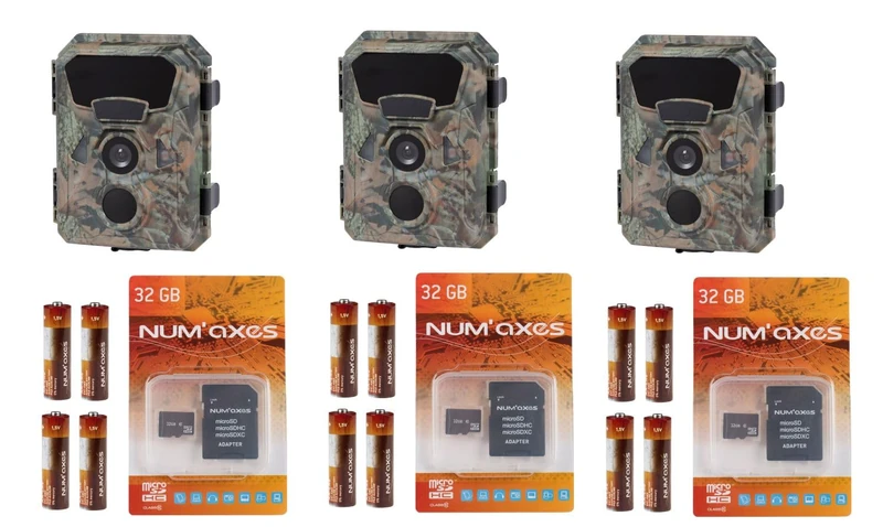 NUM'AXES All Inclusive Pack 3 x PIE1066-3 Outdoor Photo Traps PIE1066 + 12 AA Batteries + 3 Memory Cards 32 GB