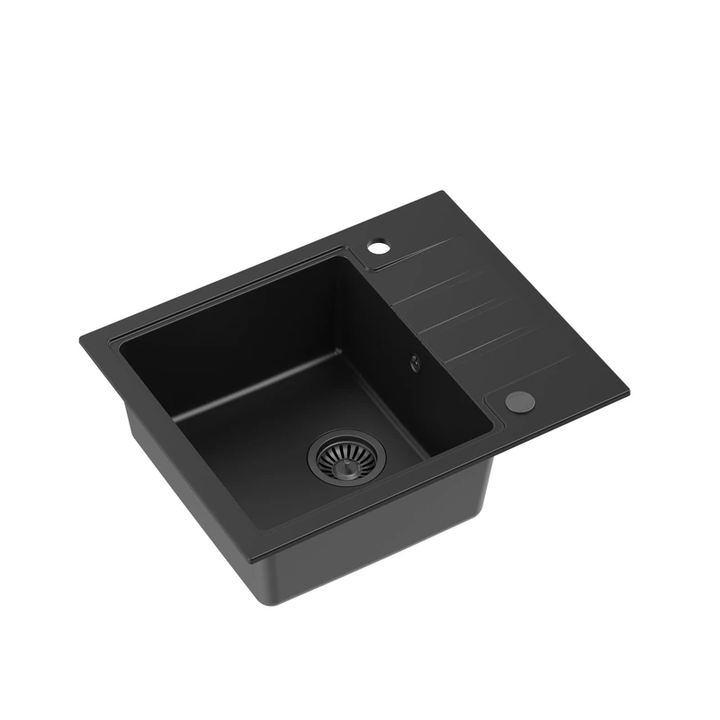 QUADRON Peter 116 Granite Single Bowl Kitchen Sink with Manual Siphon and Draining Board Size 62 x 50 x 20 cm Pure Carbon - Image 1