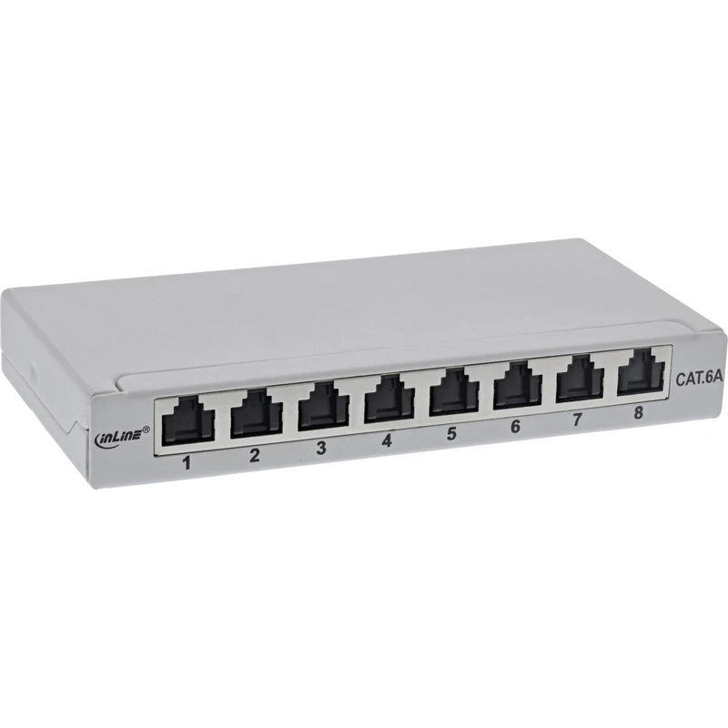 InLine® Patch Panel Cat.6A 0.5U 8-Way for Table / Wall / DIN Rail with Dust Protection Grey