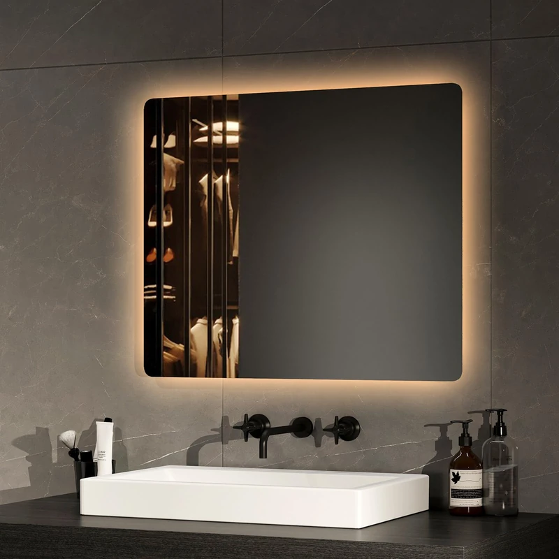 EMKE LED Bathroom Mirror 60 x 50 cm with Backlight, Mechanical Switch and Anti-fog, Two Colours of White and Warm Light - Image 1