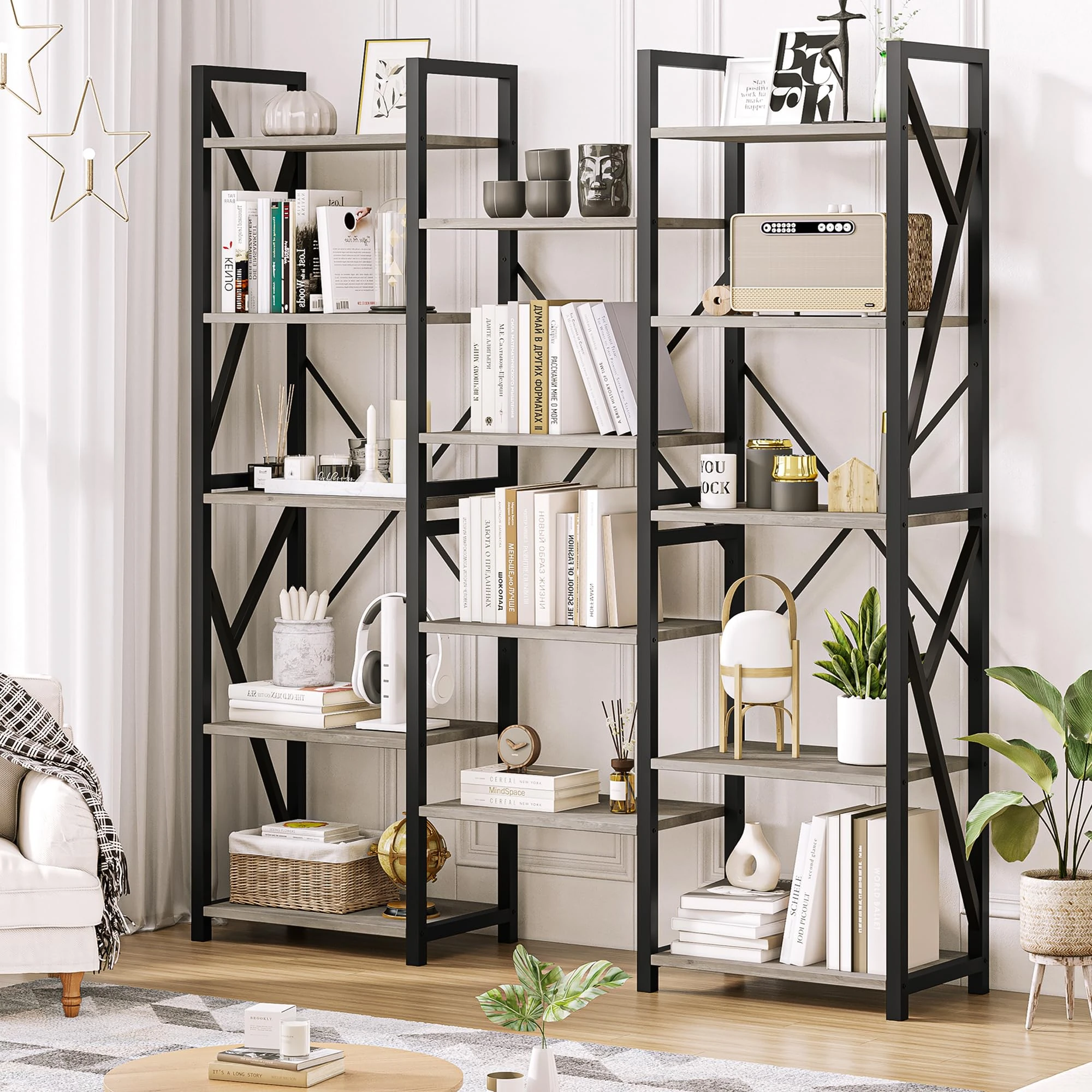 IDEALHOUSE Triple Wide 5 Tier Book Shelf, Tall Bookshelf with Open Display Shelves, Industrial Large Bookshelves and Bookcases with Metal Frame for Living Room, Bedroom, Home Office-Grey