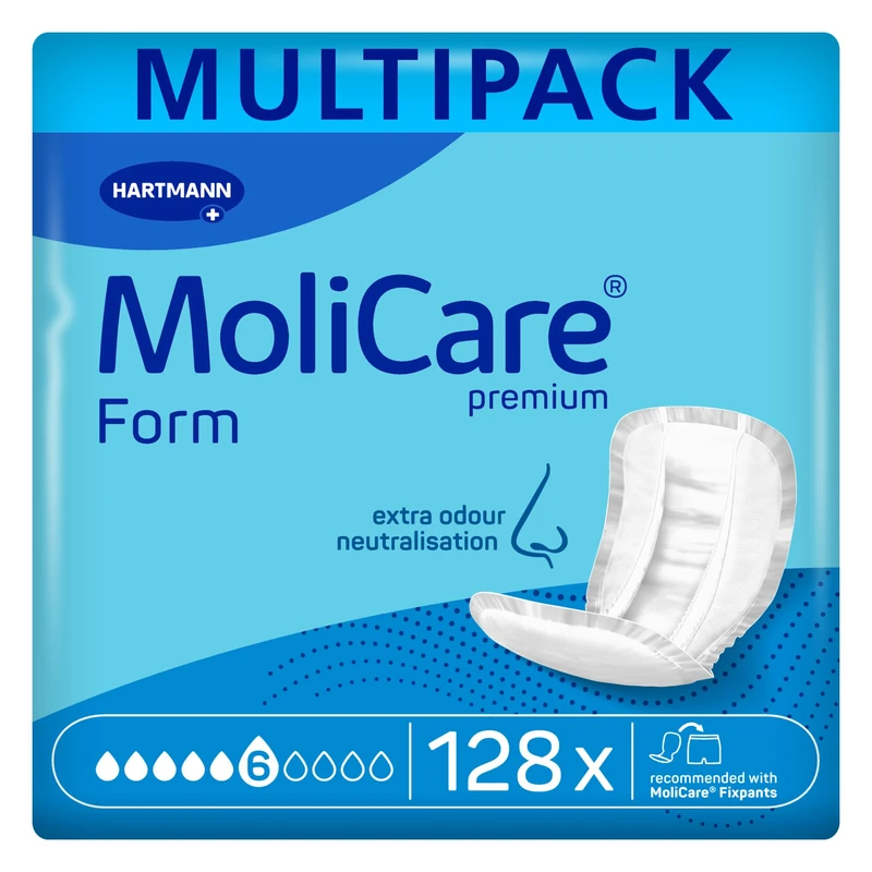 MoliCare Premium Form | 6 Drops | Large Incontinence Pads | Instant Dry Feeling All Day | Soft Material | Active Skin Protection | 4 Packs of 32 Pads (128 Pieces) | Absorbs up to 2353ml