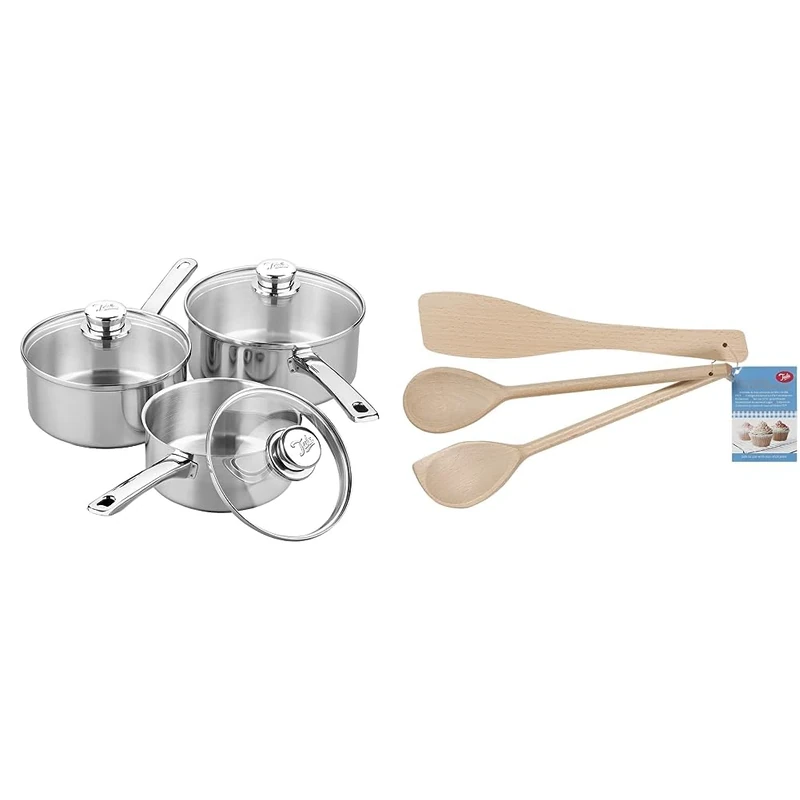 Tala Performance 3 Piece Stainless Steel Cookware Set, Saucepans with Glass lids, 16, 18 20cm. Made in Portugal, Suitable for All hob Types Including Induction + Tala Set of 3 Wooden Cooking Utensils