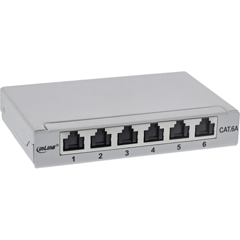 InLine® Patch Panel Cat.6A 0.5U 6-Way for Table / Wall / DIN Rail with Dust Protection Grey