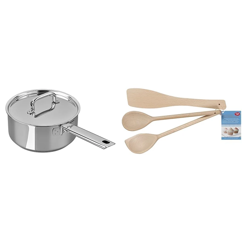 Tala Performance Stainless Steel 18cm Saucepan with Stainless Steel lids, Made in Portugal, with Guarantee, Suitable for All hob Types Including Induction + Tala Set of 3 Wooden Cooking Utensils