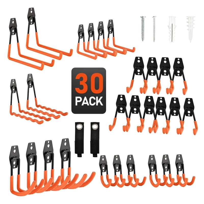 Rlipily 30 Pack Heavy Duty Steel Storage Hooks - Wall Mount Garage Hanger & Organizer for Bikes, Tools, Ladders, Bulk Items, Ropes and More