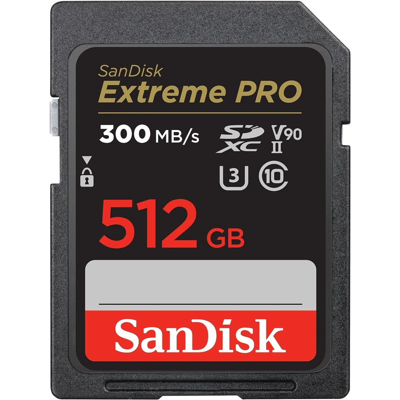SanDisk 512GB Extreme PRO SDXC card, SD Card, V90 Memory Card, 8K, 4K and Full HD Video, up to 300 MB/s Shock, Temperature, Water and X-Ray Proof, UHS-II, Class 10 U3