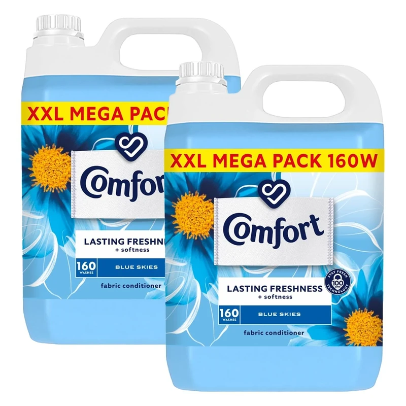 Comfort Blue Skies Fabric Conditioner XXL Mega Pack Fabric Softener Washing Liquid, Lasting Freshness and Softness with Stay Fresh Technology for 100 Days, 2 Packs of 160 Washes 4.8L