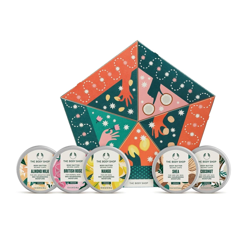 The Body Shop Slather & Nourish Body Butter Body Care Holiday Gift Set, Vegan, 5-Piece Set 5 x 50 ml, Amond Milk, Mango, Shea, Coconut, British Rose Scents Gift Set