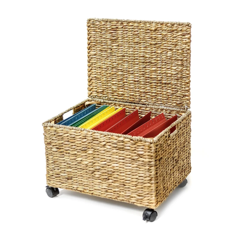 Trademark Innovations Rolling Wicker Cabinet Hanging File Water Hyacinth Basket Storage Box, 18" L x 15" W x 13.7" H, Natural