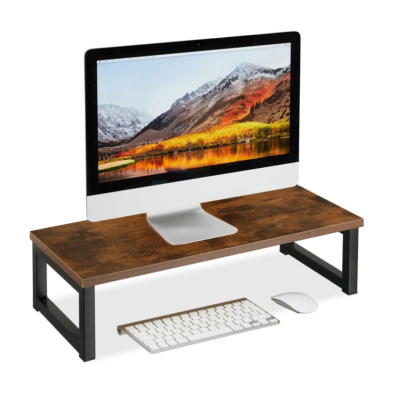 Relaxdays Monitor Stand, Screen Raiser for Desk, Office and Home, HxWxD: 15 x 55 x 23 cm, Industrial Design, Brown/Black