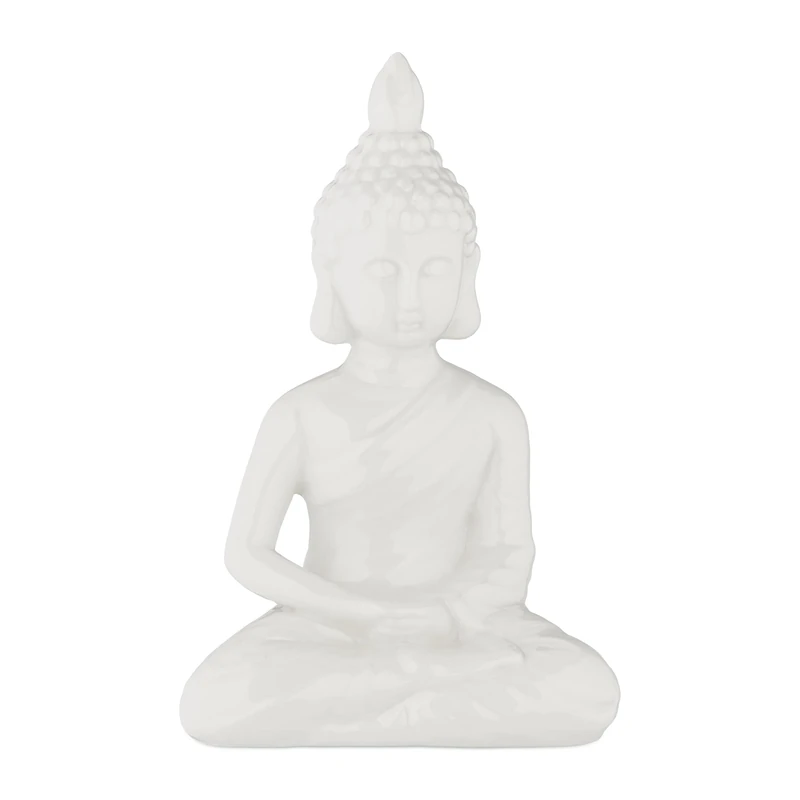 Relaxdays Sitting Buddha Statue, 18 cm Tall, Garden Ornament, Figurine, Weatherproof & Frostproof, Indoor Decor, White