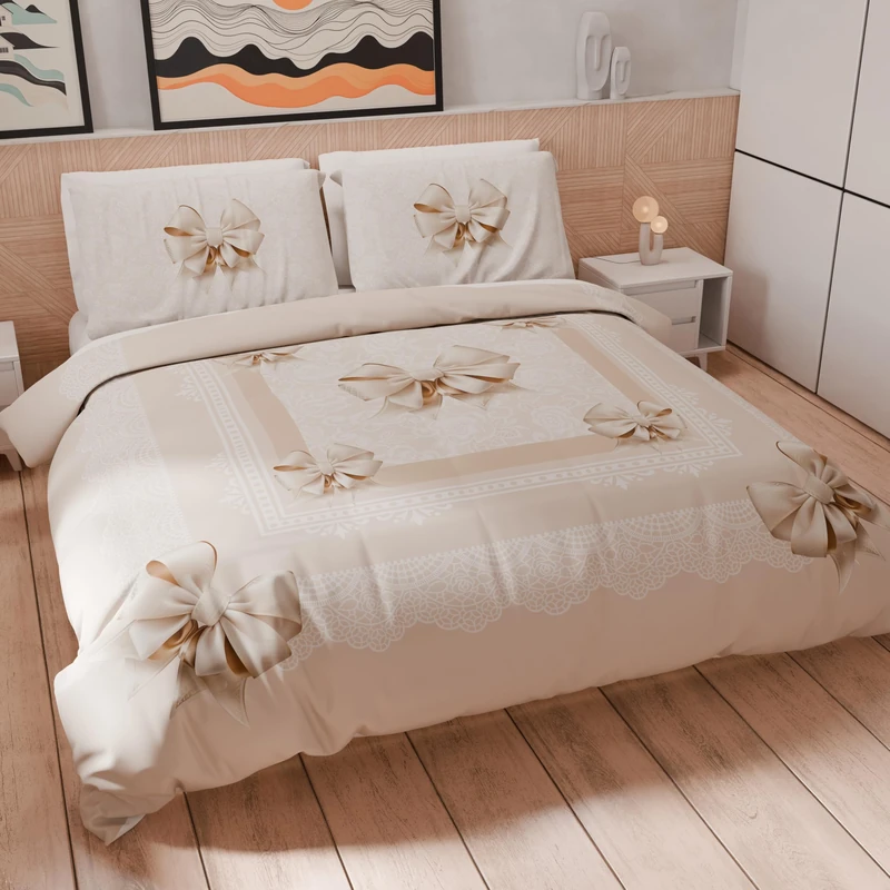 PETTI Artigiani Italiani - Double Duvet Cover 200 x 200 cm, Microfibre Duvet Cover Set with Digital Print + 1 Pillowcase 50 x 80 cm - Made in Italy - Beige Bow