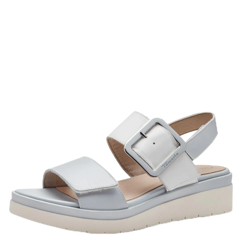Tamaris Comfort Women’s Flat Leather Sandals with Buckle, Sky Comb, 4 UK Light Blue