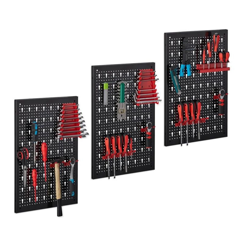 Relaxdays Tool Holder, Peg Board, 25-Piece Set, Accessories, HxWxD: 60 x 118 x 2 cm, Garage, Wall Mounted, Black/Red, Steel - Image 1