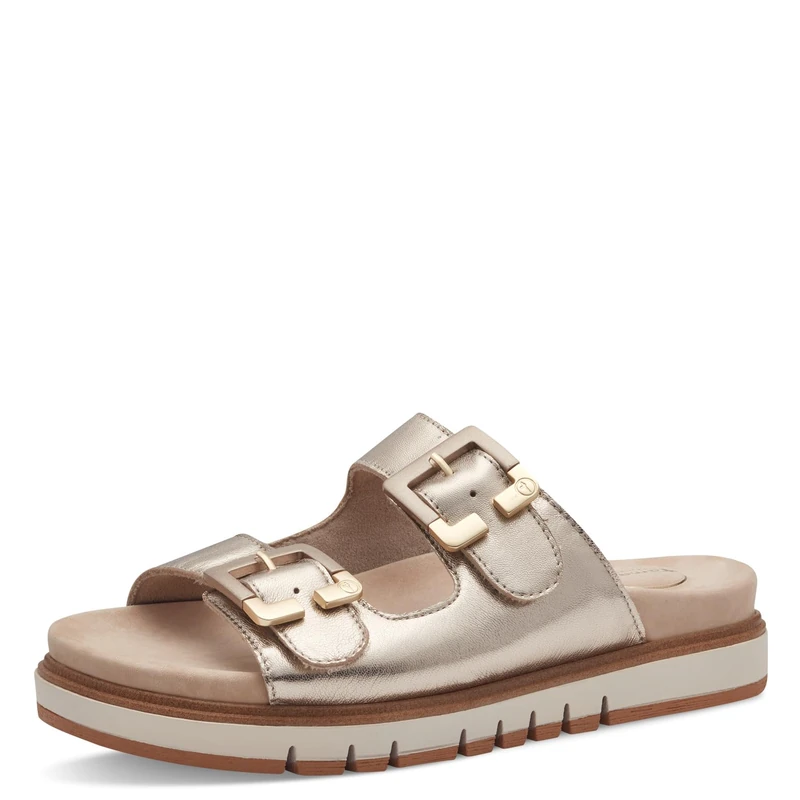 Tamaris Comfort Women’s Leather Mules with Buckles, Lt Gold, 5 UK