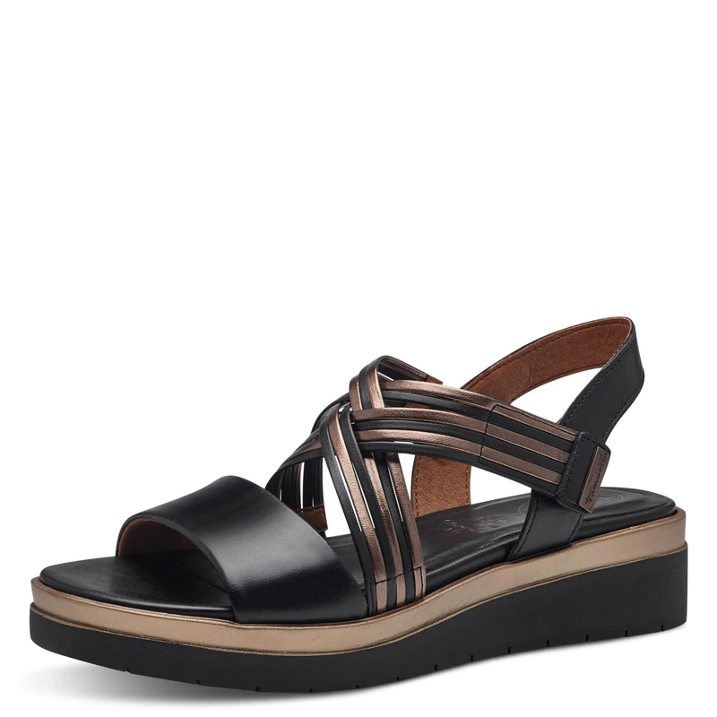 Tamaris Comfort Women’s Flat Leather Sandals with Velcro, Black Metallic, 4 UK - Image 1