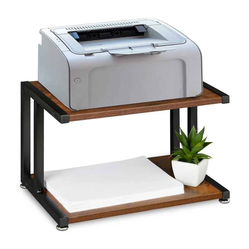Relaxdays Printer Stand, Desk Tidy, Organiser, Tabletop Shelf, HWD: 28 x 44 x 28 cm, Industrial Design, Dark Brown/Black