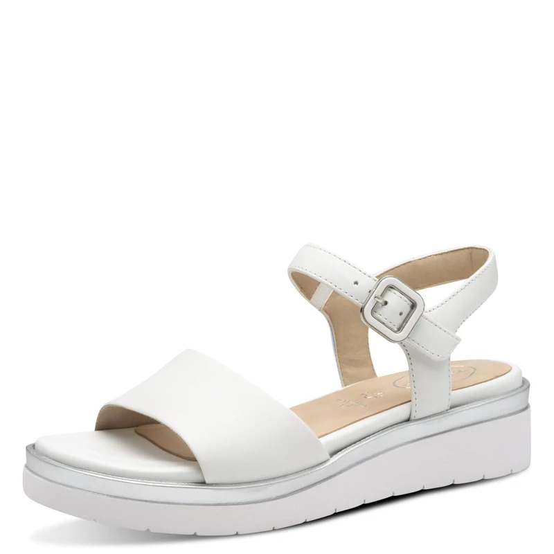 Tamaris Comfort Women’s Flat Leather Sandals with Velcro, White/Silver, 6 UK