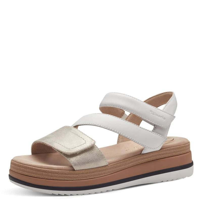 Tamaris Comfort Women’s Flat Leather Sandals with Velcro, White Comb, 5 UK