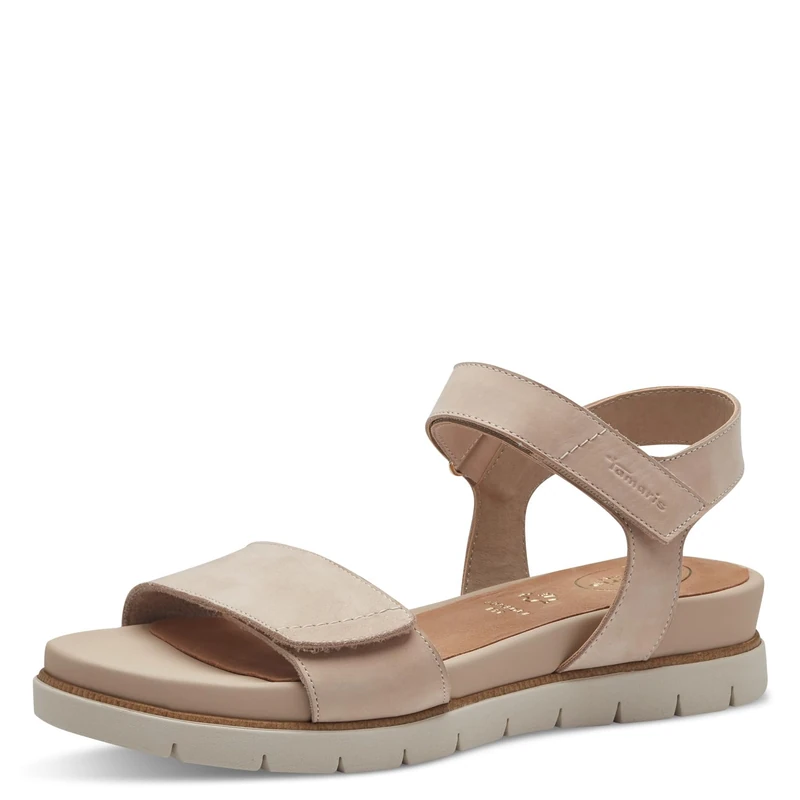Tamaris Comfort Women’s Flat Leather Sandals with Velcro, Beige Nubuk, 5 UK