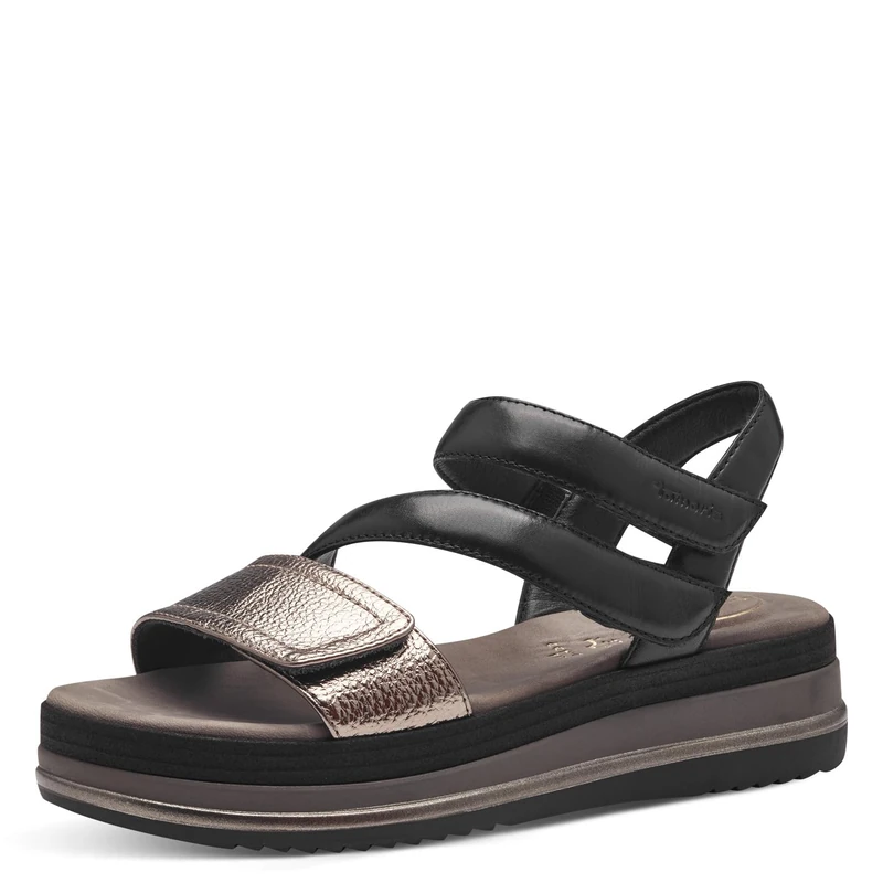 Tamaris Comfort Women’s Flat Leather Sandals with Velcro, Black Comb, 4 UK