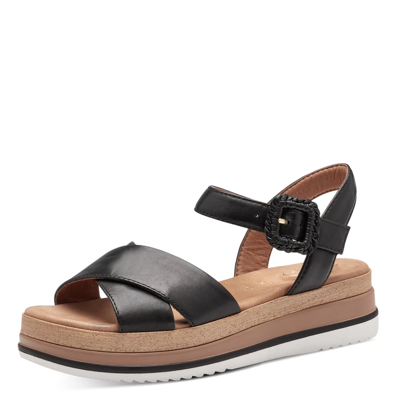 Tamaris Comfort Women’s Flat Leather Sandals with Velcro, Black, 5 UK