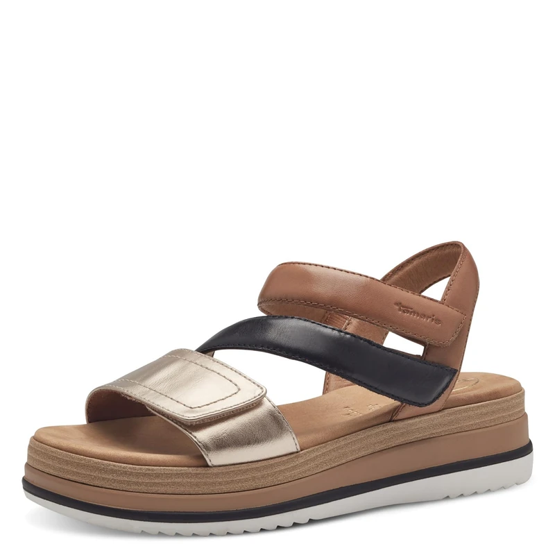 Tamaris Comfort Women’s Flat Leather Sandals with Velcro, Nut Comb, 6 UK