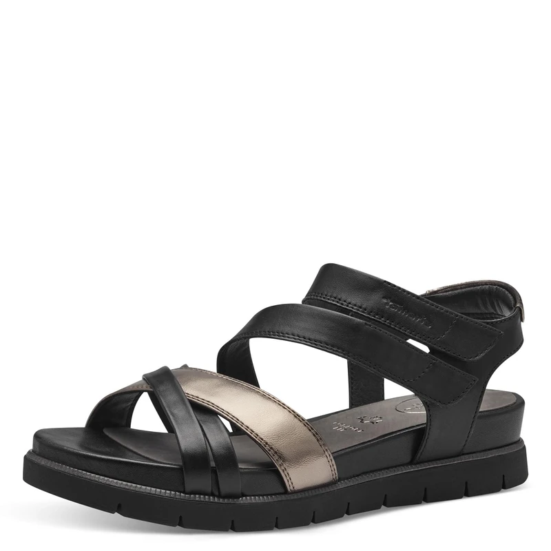 Tamaris Comfort Women’s Flat Leather Sandals with Velcro, Black Comb, 5 UK