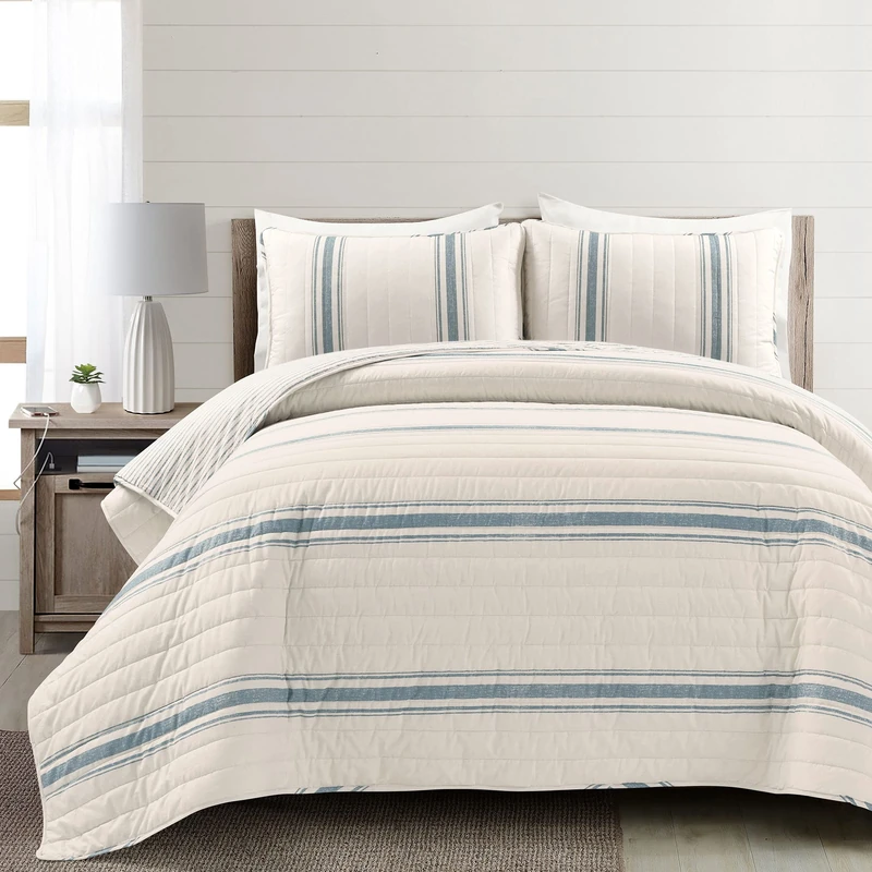 Lush Decor Farmhouse Stripe 3 Piece Quilt Set, King/Cal King, Blue - Image 1