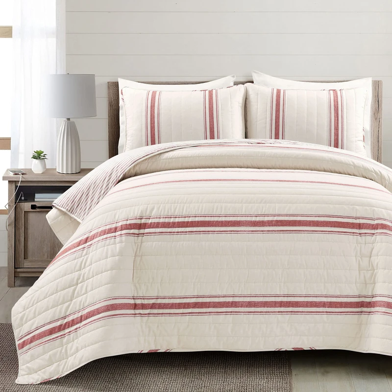 Lush Decor Farmhouse Stripe 3 Piece Quilt Set, Red, King/Lime King