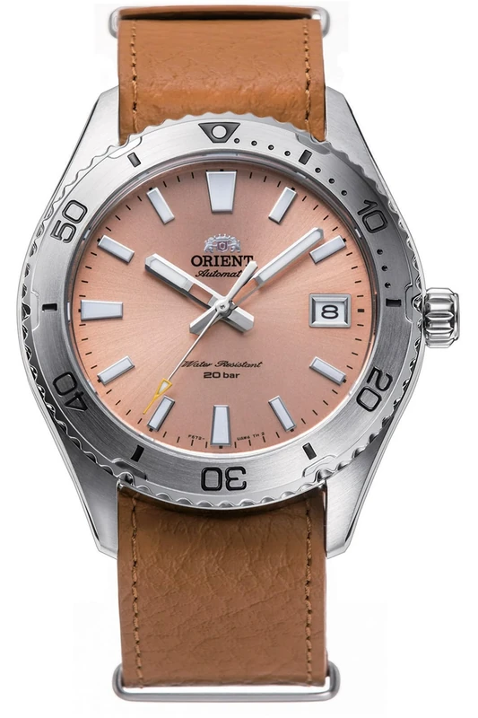 Orient Sports Diver Mako 40mm Automatic Mechanical Wrist Watch Manual Winding Steel or Leather Casual Diver RA-AC0Q, Apricot Leather, Minimalist