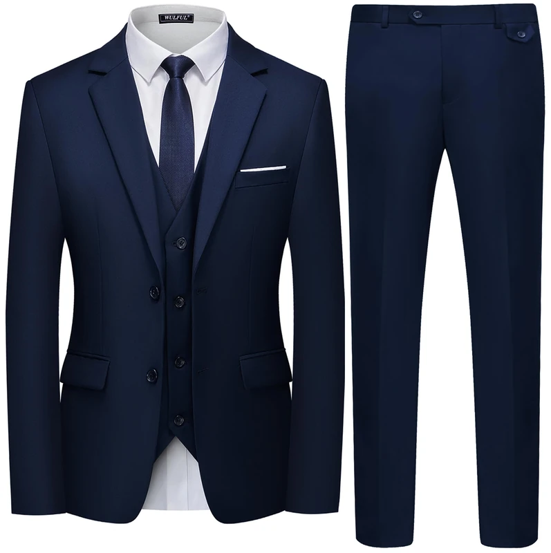 WULFUL Men's 3 Piece Slim Fit Suit Set Two Button Blazer Jacket Vest Pants Tuxedo Set for Party, Wedding and Business, Navy, M