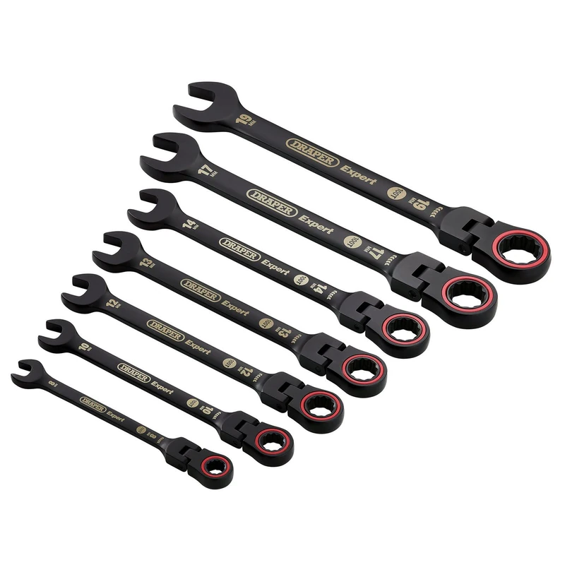Draper 03927 Expert HI-TORQ Metric Flexible Head Ratchet Combination Spanner Set, Black (7 Piece)