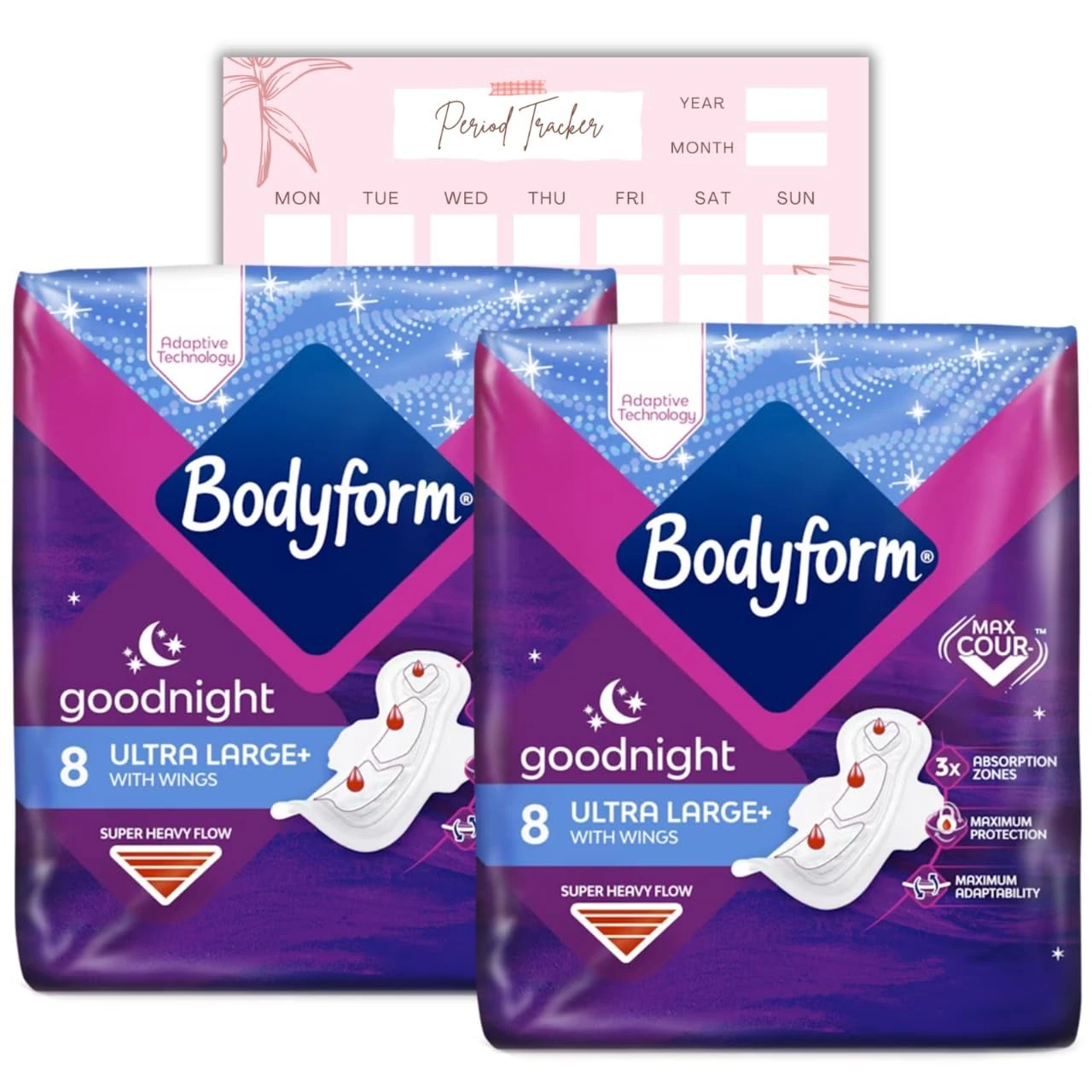 Body Form Ultra Goodnight Sanitary Towels with Wings, 16 (8 x 2 Packs) Period Pads for Night use, Super Heavy Flow, Cour-V Ultra Night wtth Caliko Period Tracker