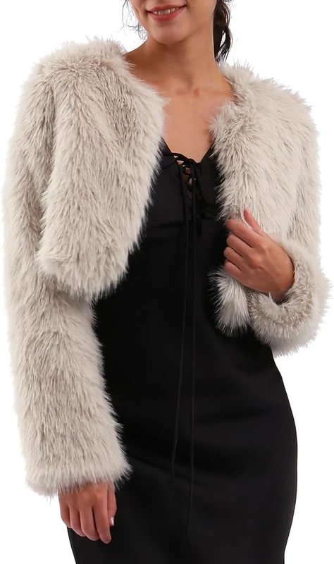 Amazhiyu Womens Faux Fur Coat, Winter Long Sleeve Jacket Crew Neck Open Front Outwear Plush Warm Cardigan Apricot M