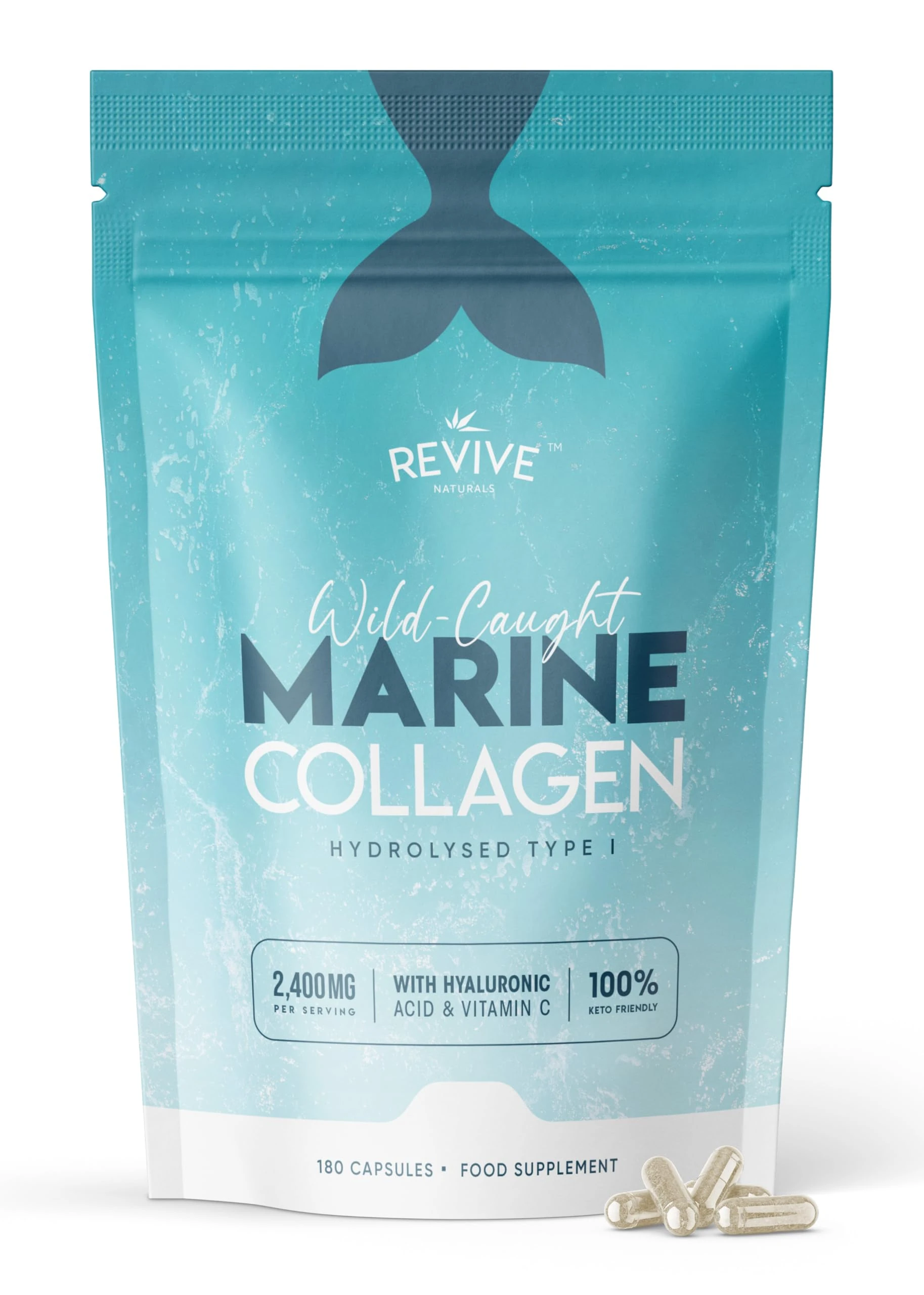 Marine Collagen Capsules 2400mg with Hyaluronic Acid & Vitamin C – 180 Capsules – High Strength Collagen Supplements for Women & Men – Premium Complex for Skin Joints Hair – by Revive Naturals