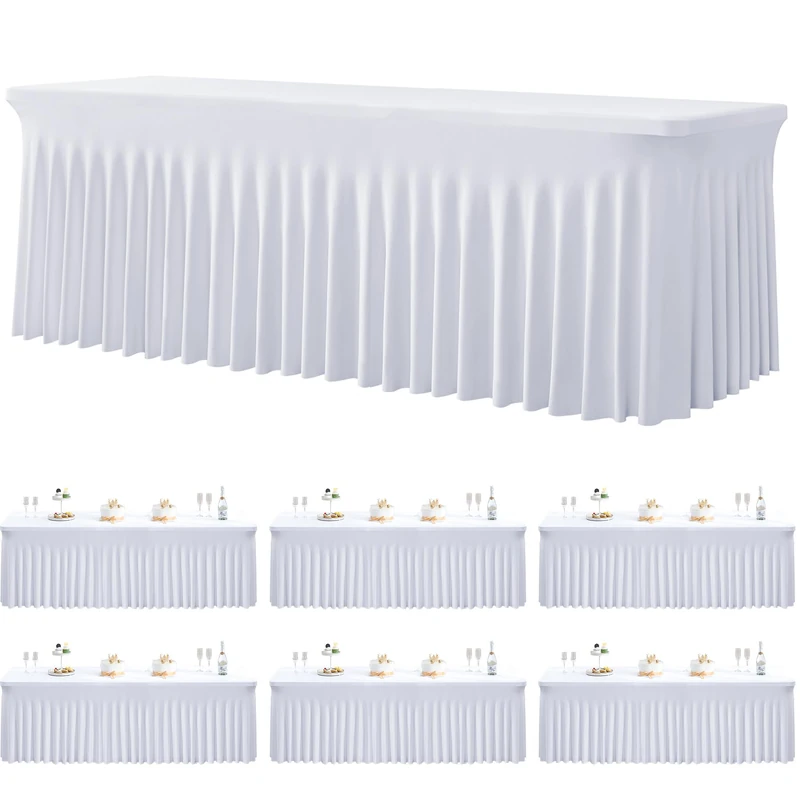 Htper 6 Pack Spandex White Tablecloths for 8 Foot Rectangle Tables, Stretchy Table Cloths 8ft Fitted Table Cover Desk Skirt for Parties Weddings Birthday Banquet Baby Shower