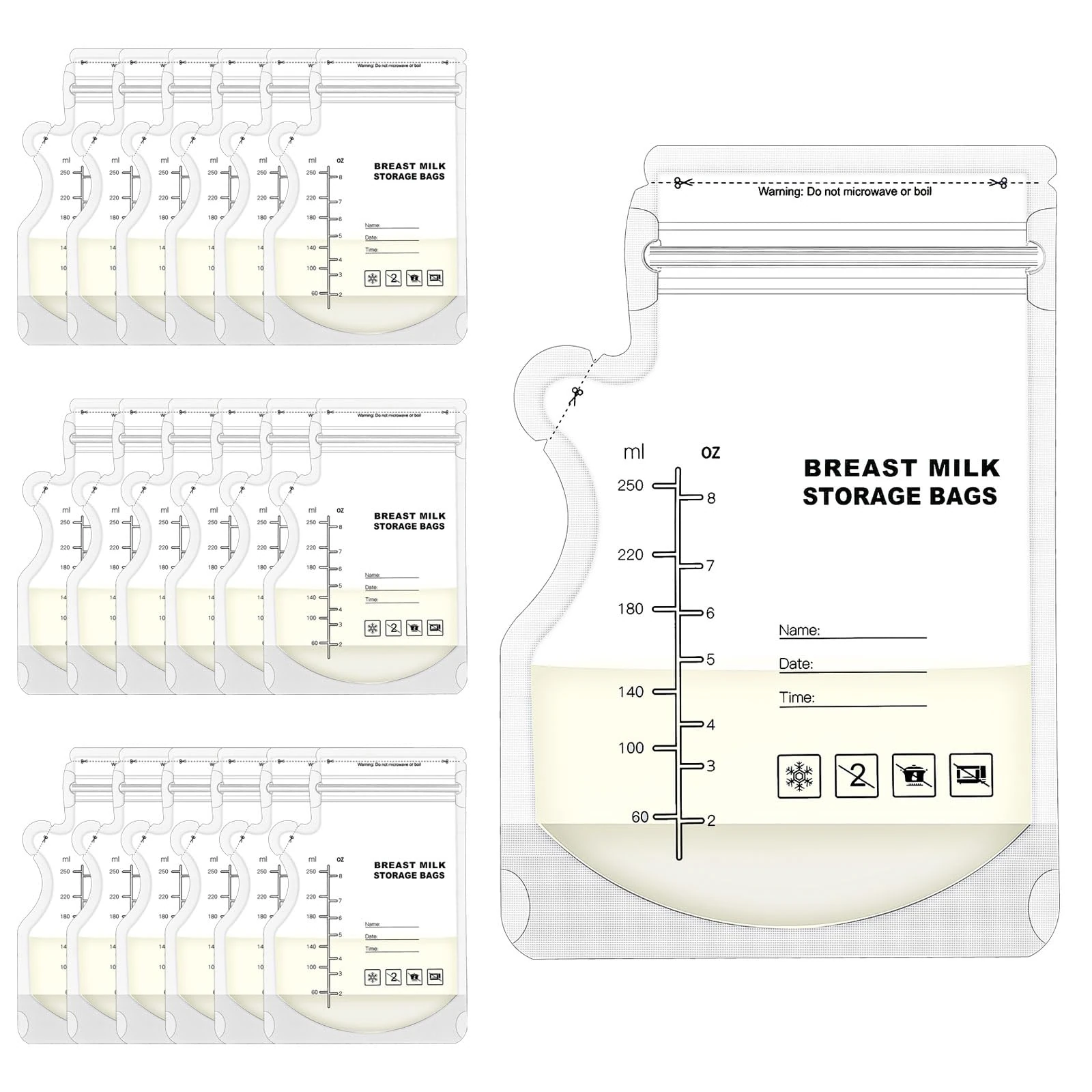 100 Pcs Breast Milk Storage Bags, 250ml Disposable Milk Storage Bags with Pour Spout for Breastfeeding No-Leak Milk Freezer Storage Pouches for Breast Milk Storage