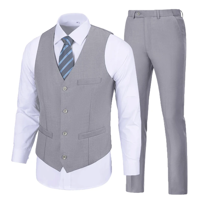 SISAVE Men's Suit 2 Pieces Slim Fit Dress Vest and Pants Set Prom Suits for Mens Formal Wedding Party Tuxedo, Light Grey, L