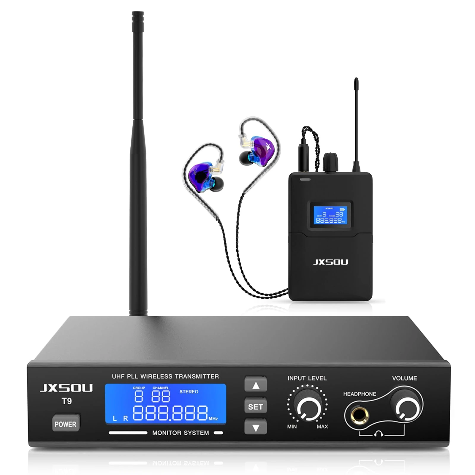 JXSOU Wireless in-Ear Monitor System, Wireless IEM Syetem, UHF PLL 550-580MHZ Band Selectable Frequency, Stereo Monitor System with Earphone for Stage, Studio, Live Performance