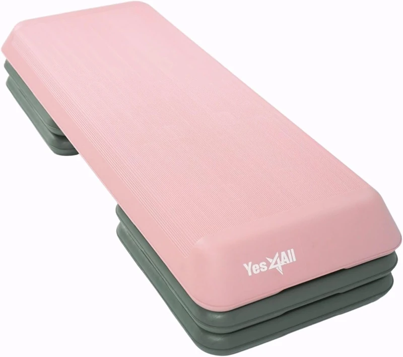 Yes4All Adjustable Workout Aerobic Exercise Step Platform Health Club Size with 4 Adjustable Risers Included and Extra Risers Options - Pink Grey