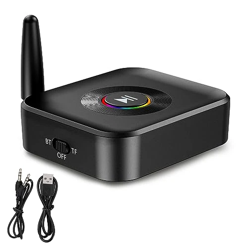 OQIMAX Aux Bluetooth Adapter, Bluetooth 5.1 Receiver with RGB Ambient Light, Support FT Card, 3.5mm Aux to Bluetooth Adpater, Low Latency, Dual Connetion, Wireless Audio Adapter for Speakers, Black