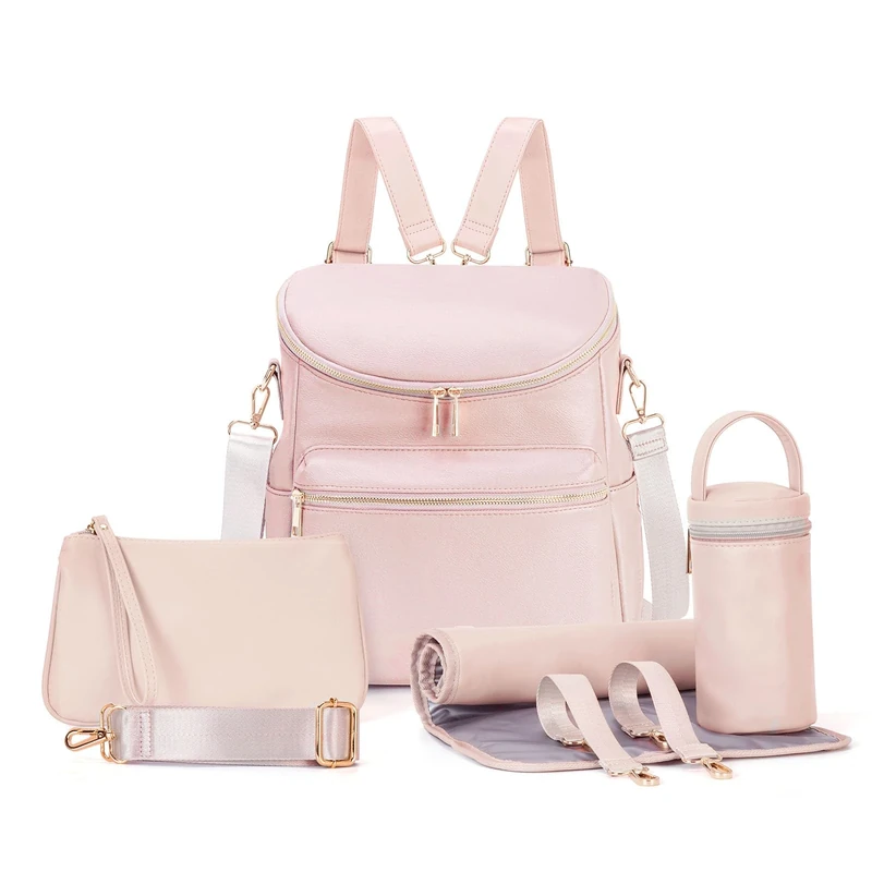 Minsong Diaper Bag Backpack, Fashion Leather Mommy Backpacks, Travel Baby Diaper Bags with in Bag Organizer and Changing Pad, Pink, M, Stylish