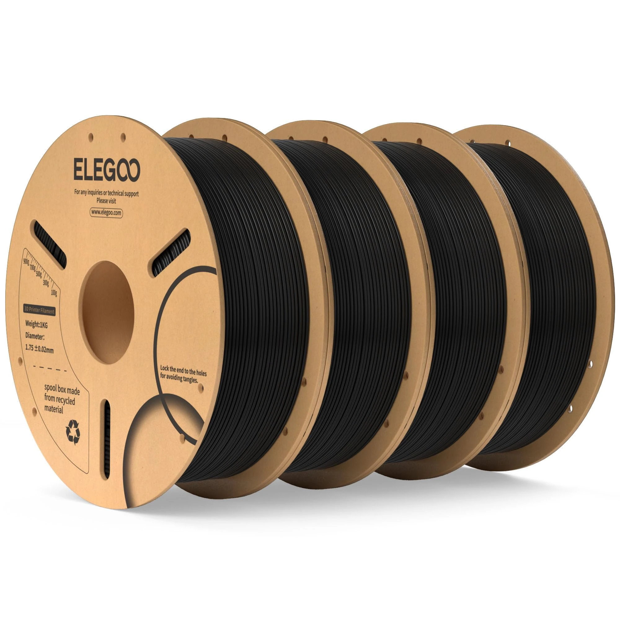 ELEGOO PLA Filament 1.75mm Black 4KG, 3D Filament Dimensional Accuracy +/- 0.02mm, 4pcs 1kg Cardboard Spool(2.2lbs) 3D Printing Filament Fits for Most FDM 3D Printers