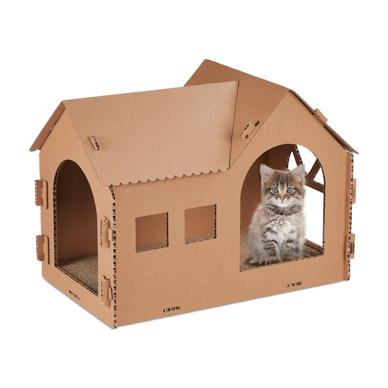 Relaxdays Cat House Cardboard, Kitten Cave Scratching Board, Easy Assembly, Incl. Catnip, HWD 36 x 49 x 29 cm, Brown