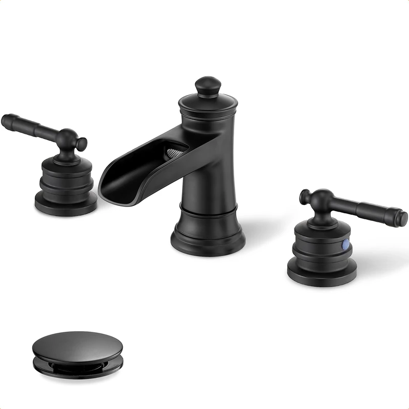 Black Classic Waterfall Bathroom Sink Faucet Set 3 Holes